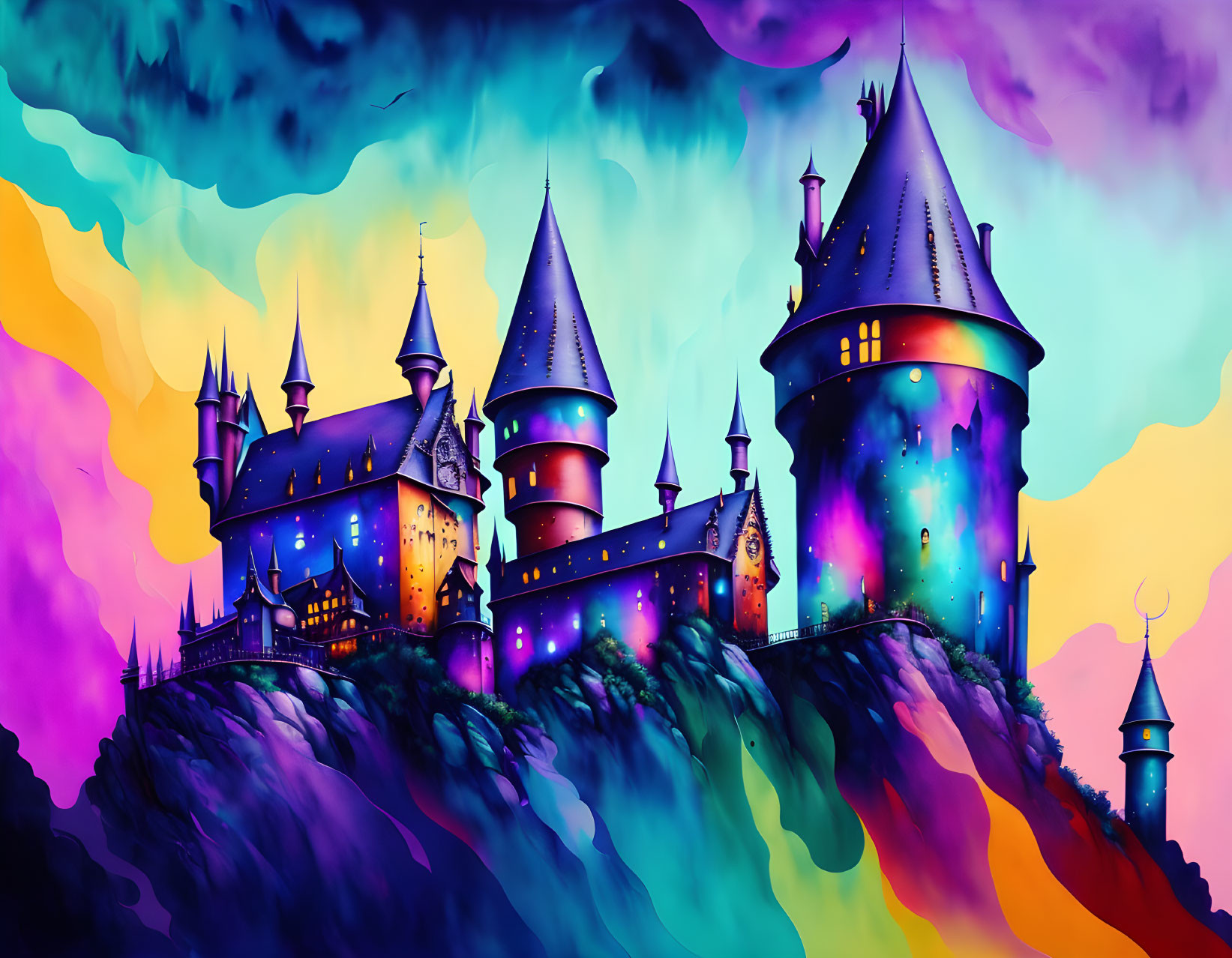 Colorful Illustration: Fantastical Castle on Craggy Hill