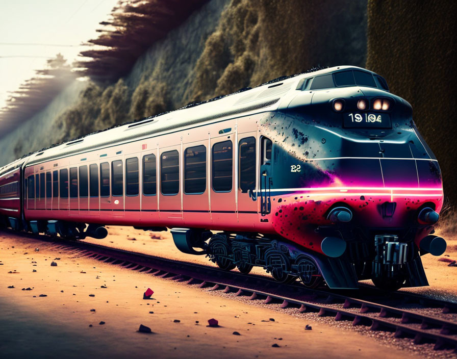 Sleek retro-futuristic train on tracks with dramatic lighting