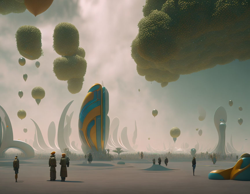 Surreal landscape with uniformed figures, organic shapes, and floating structures