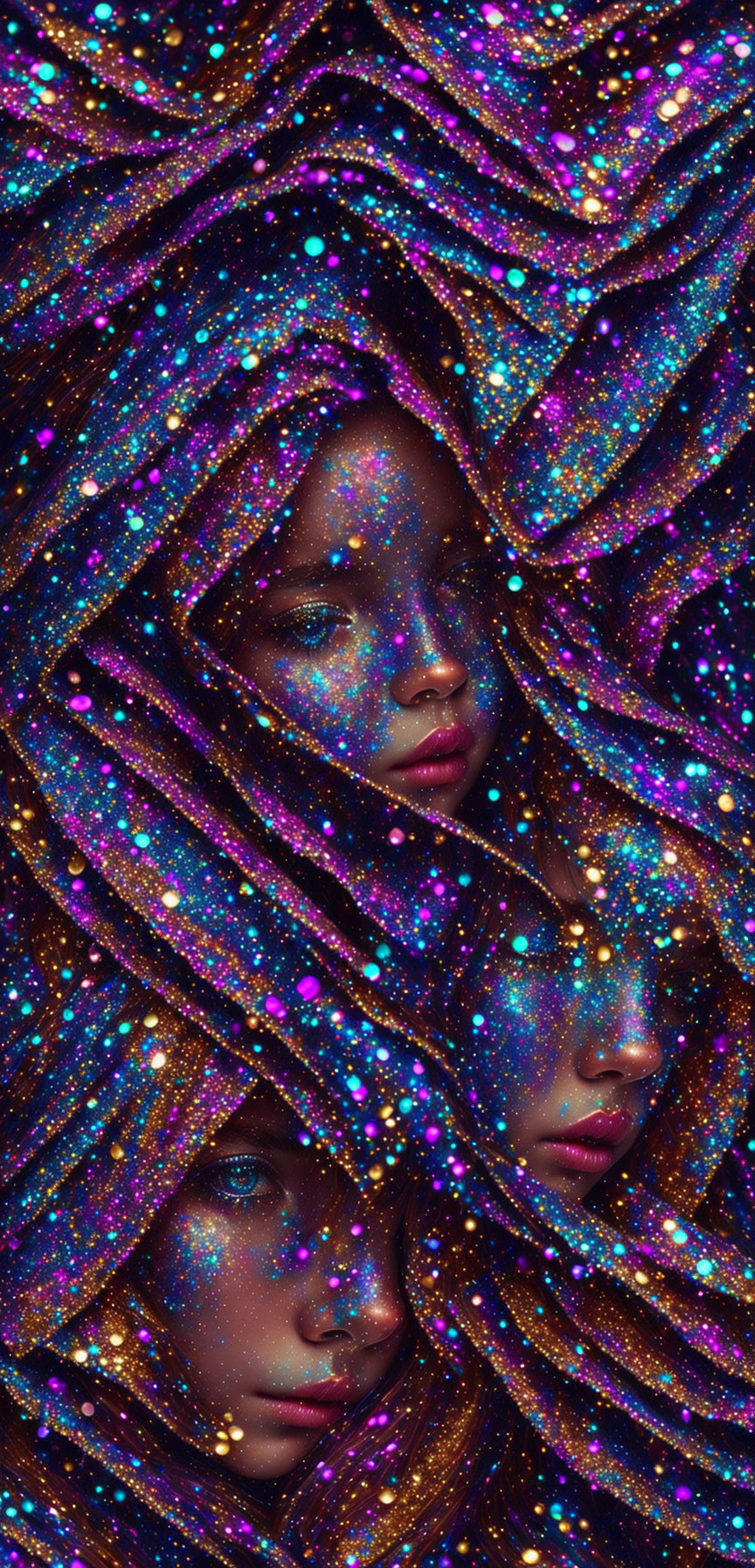 Three serene faces blend with cosmic fabric amid vibrant colors