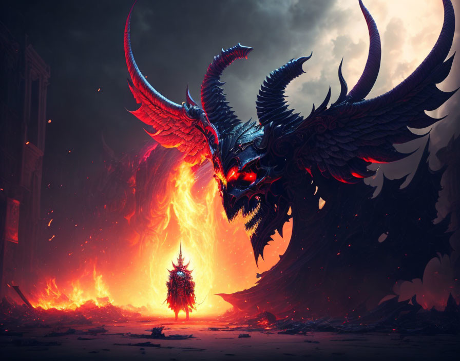 Monstrous dragon with red eyes and horns in apocalyptic landscape