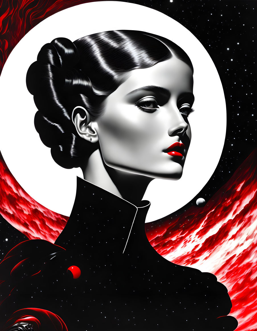 Monochromatic woman with vintage hairstyle on red and black cosmic background