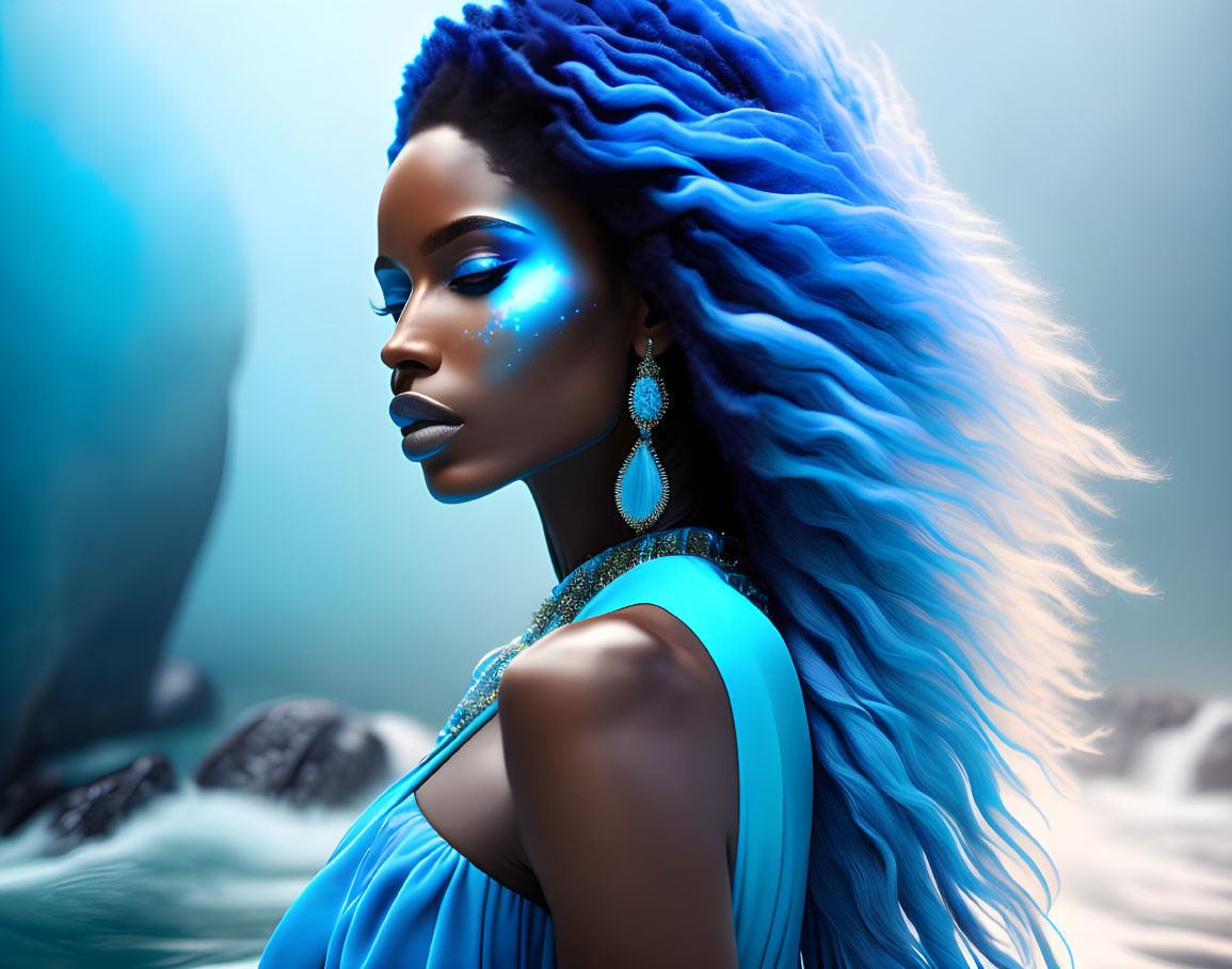 Blue-skinned woman with vibrant hair and glowing adornments on soft background