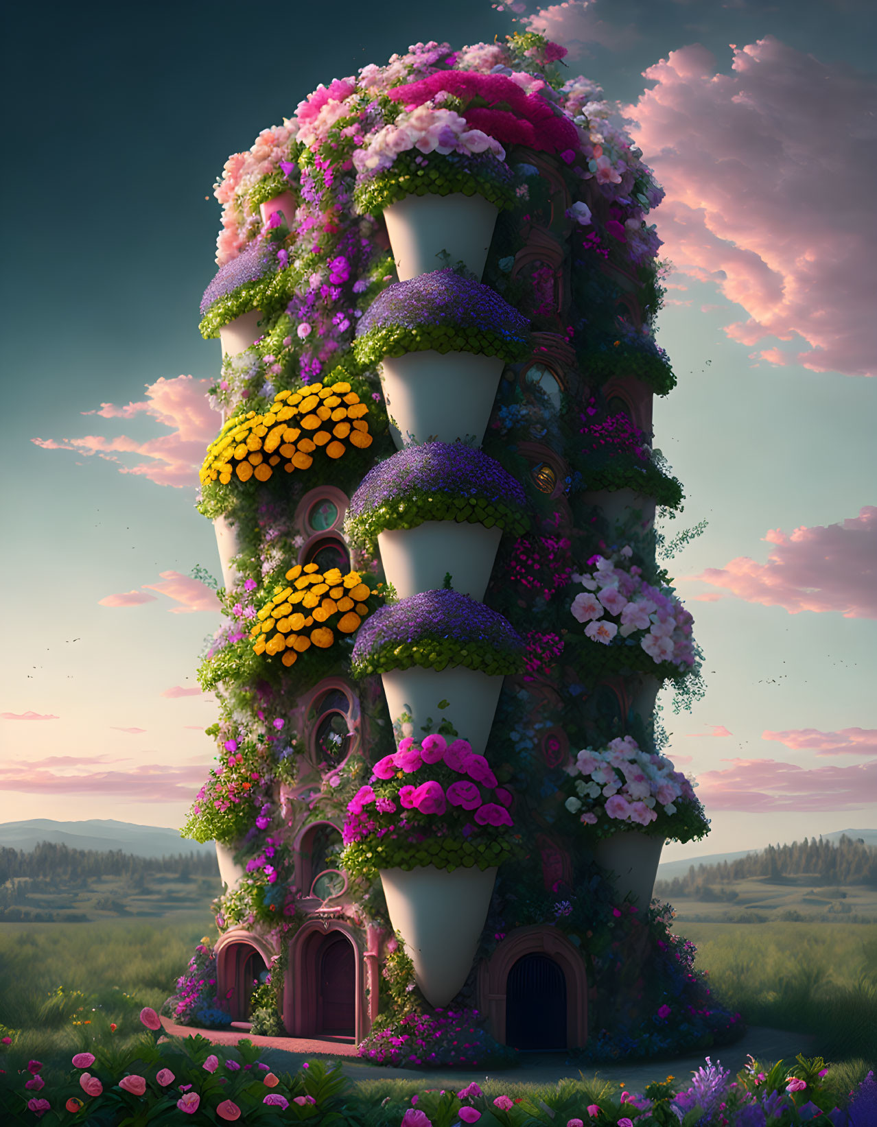 Tall Tower Covered in Colorful Flowers at Sunrise or Sunset