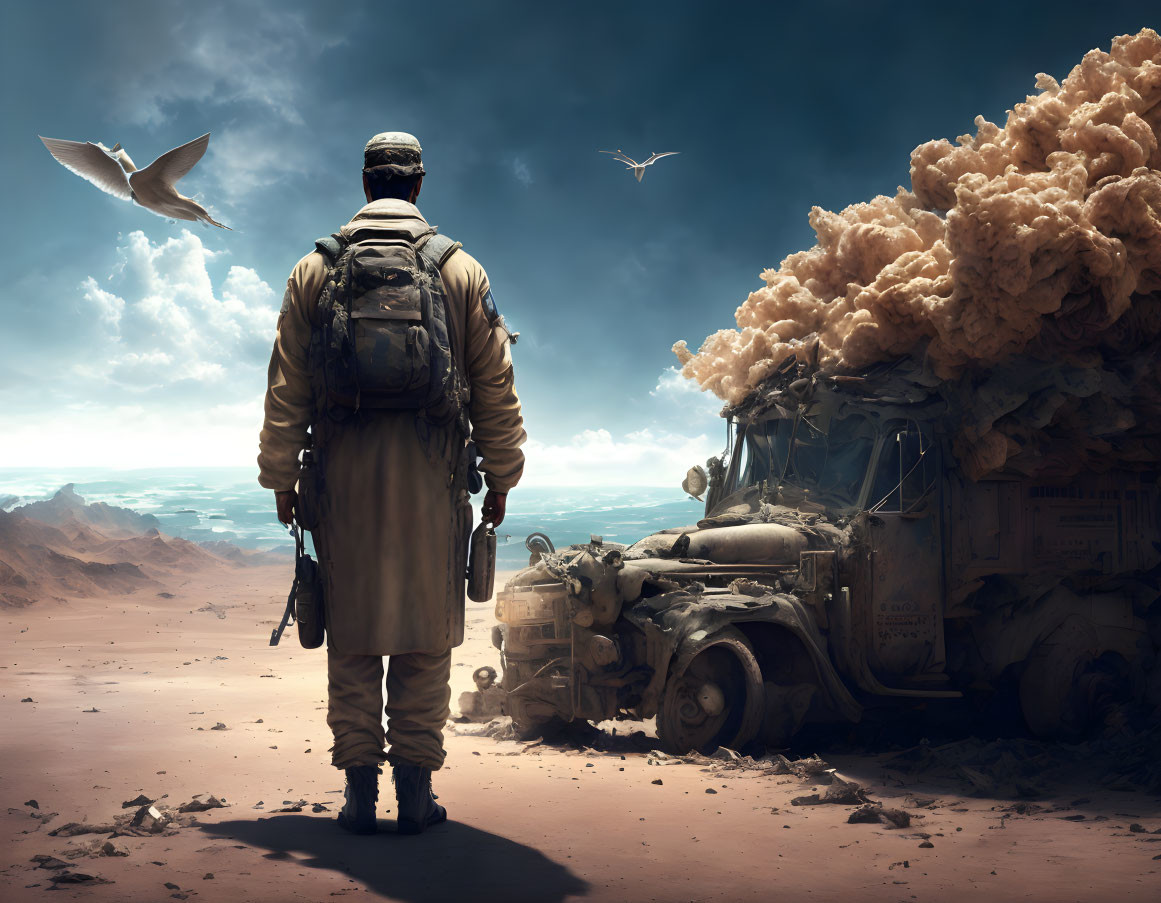 Person watching explosion near damaged military vehicle in desert landscape with flying birds and stormy sky