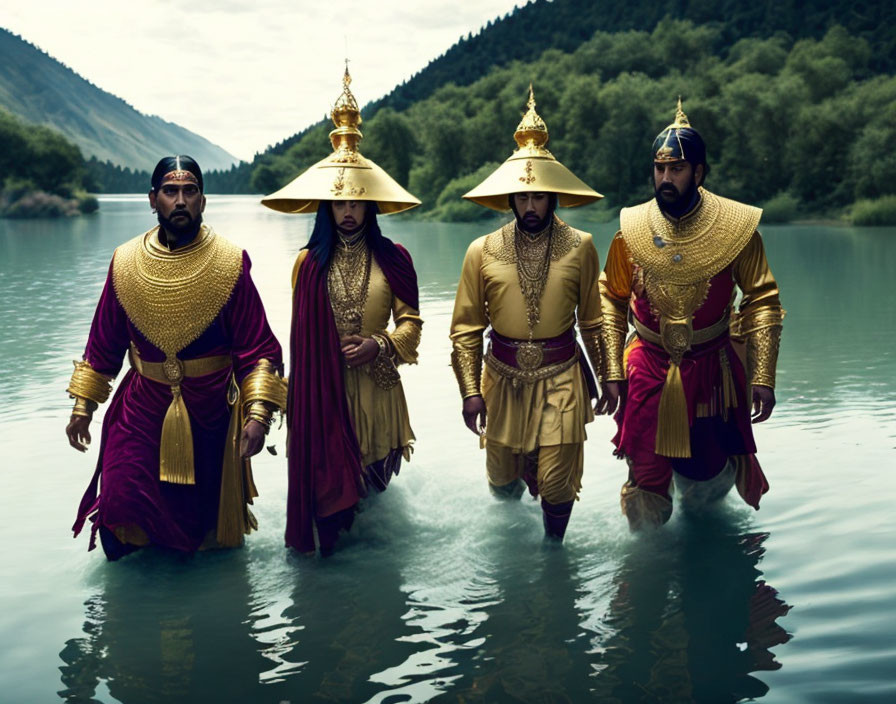 Four people in golden and purple traditional attire walking in shallow water with mountain backdrop