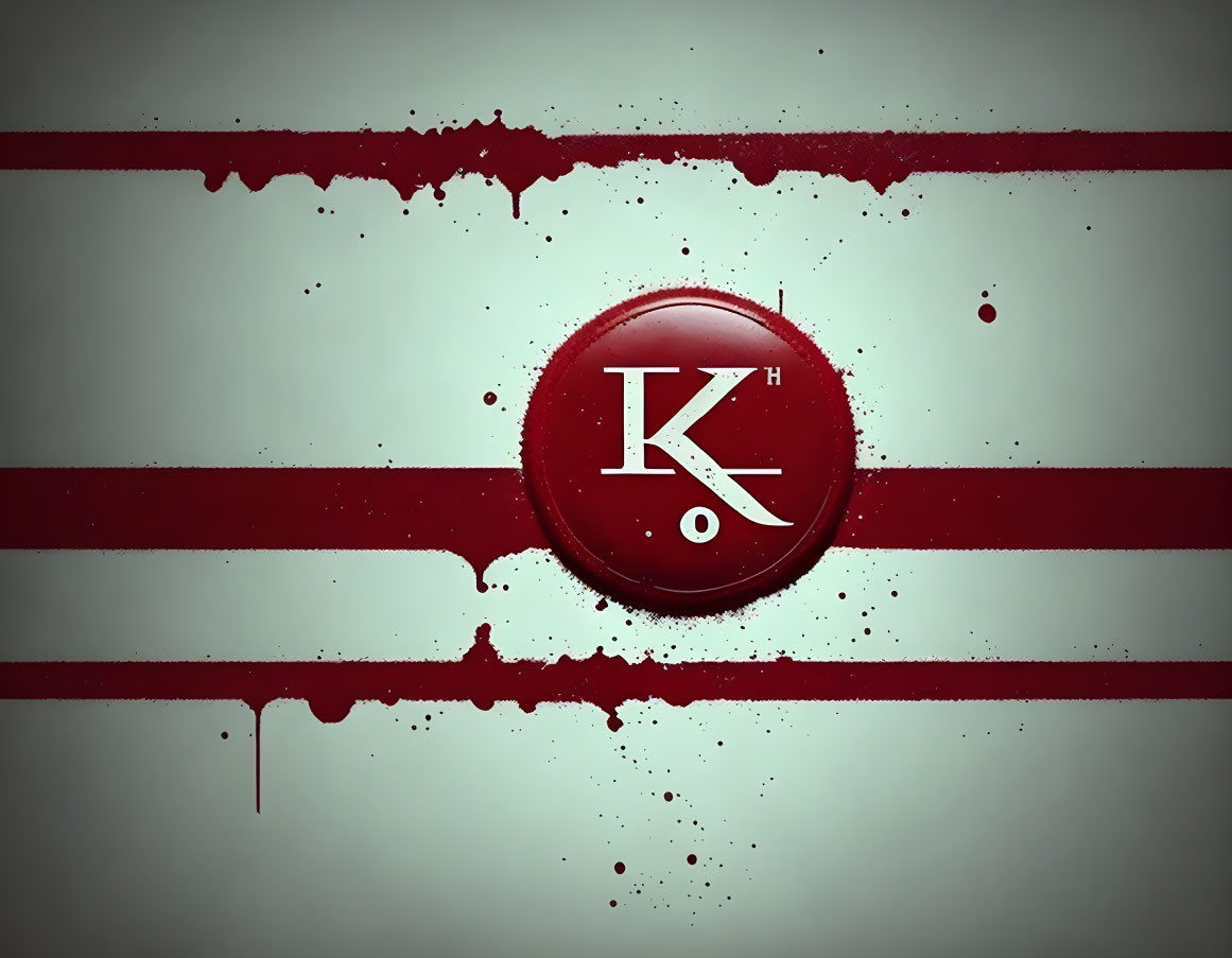 Red "K" wax seal on gray background with maroon stripes and ink splatters