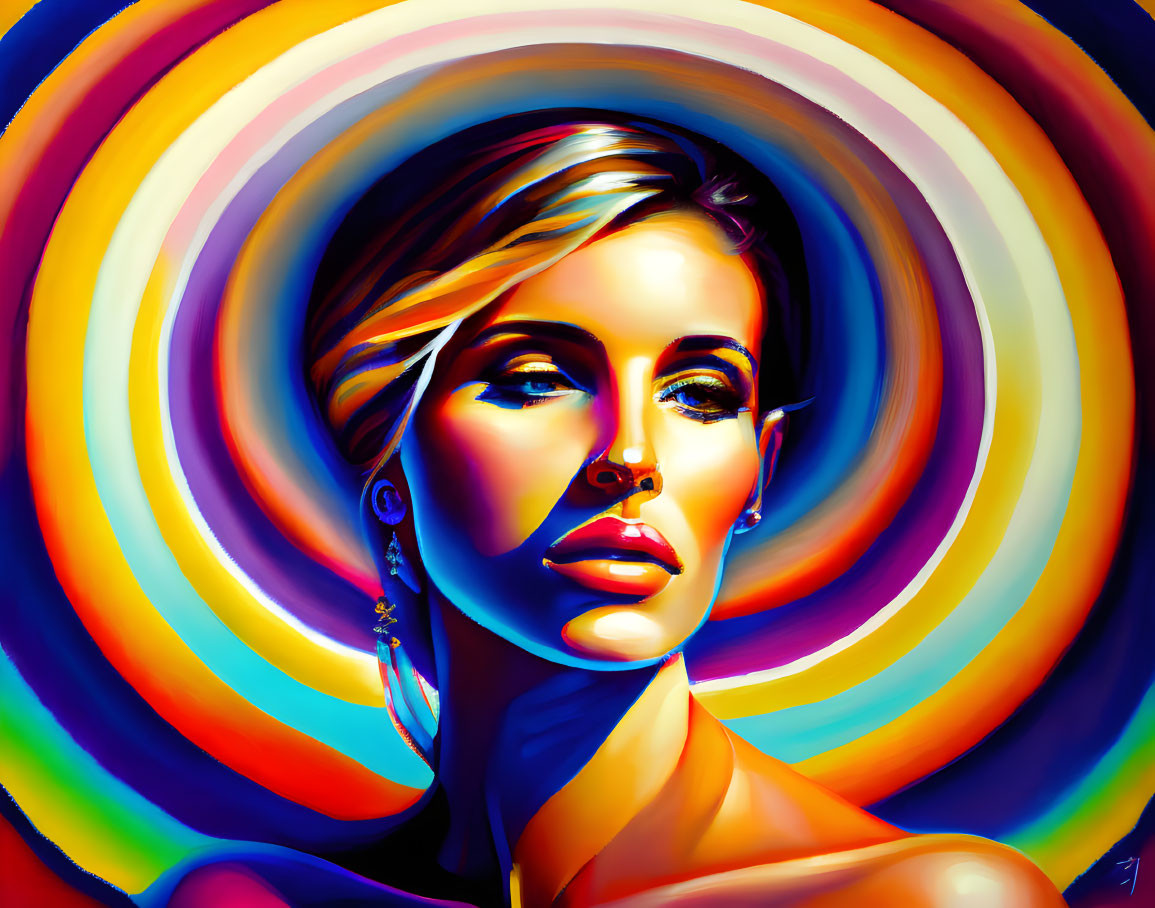 Colorful portrait of a woman with concentric circles background and earring