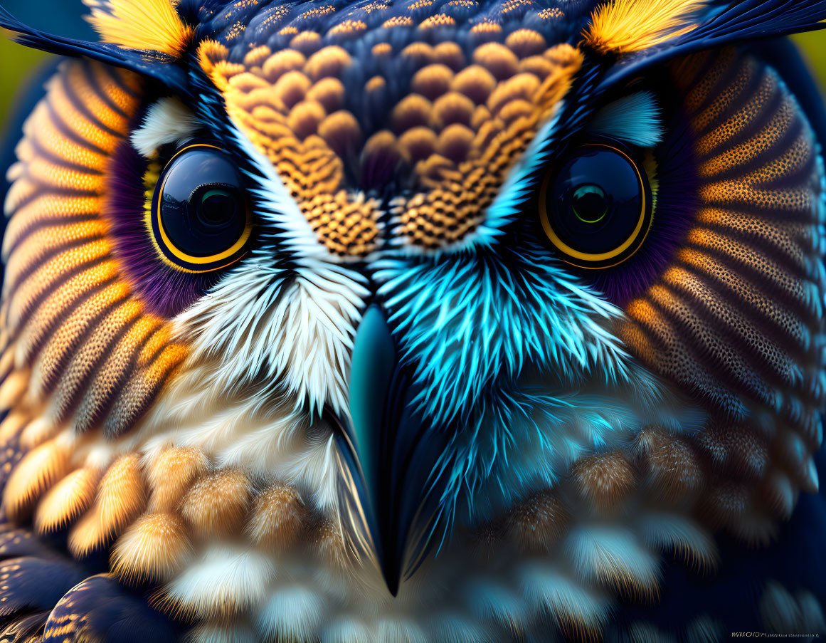 Close-up of owl with yellow eyes and colorful feather patterns