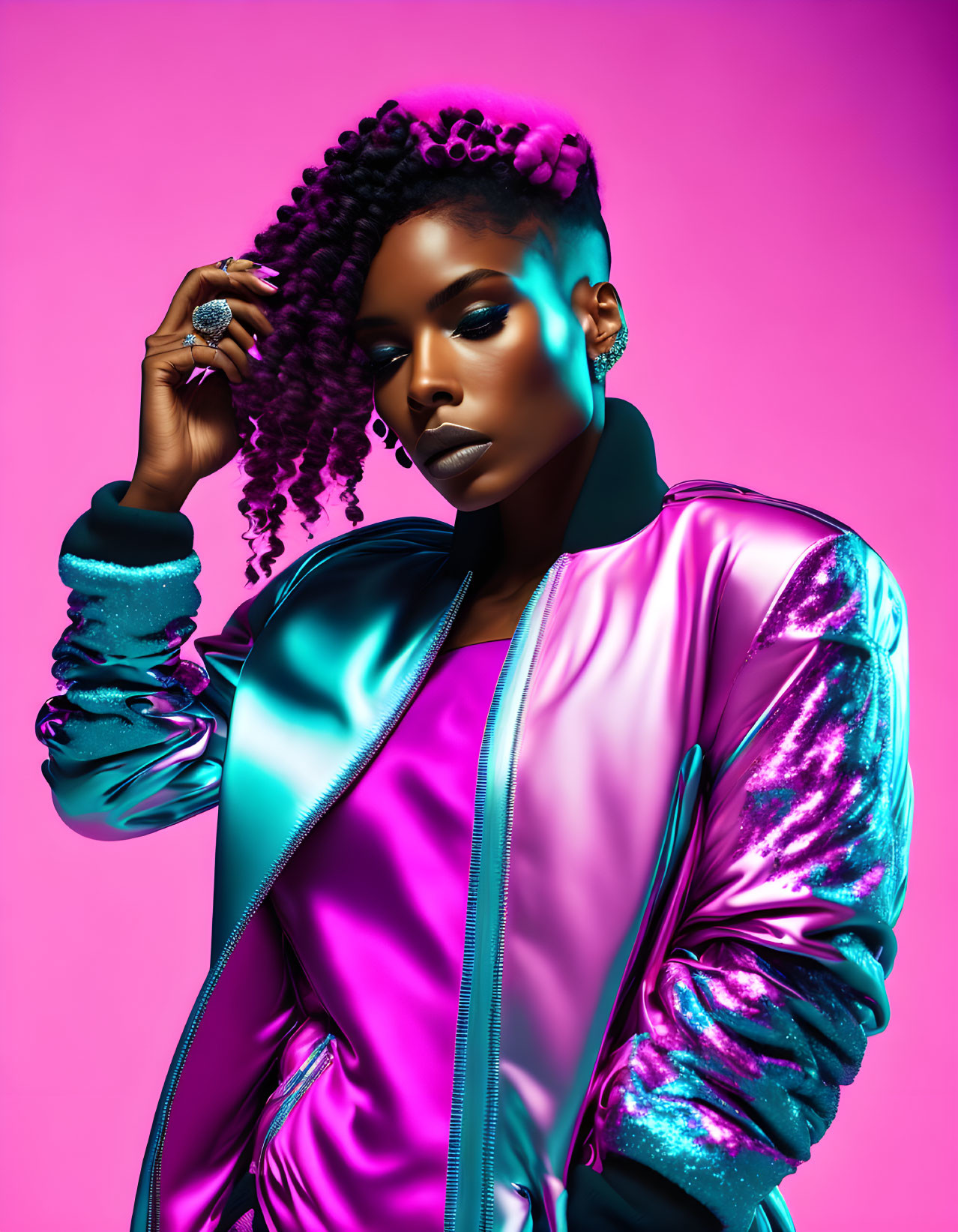 Curly-haired woman in shiny blue and pink jacket on pink background with dramatic lighting