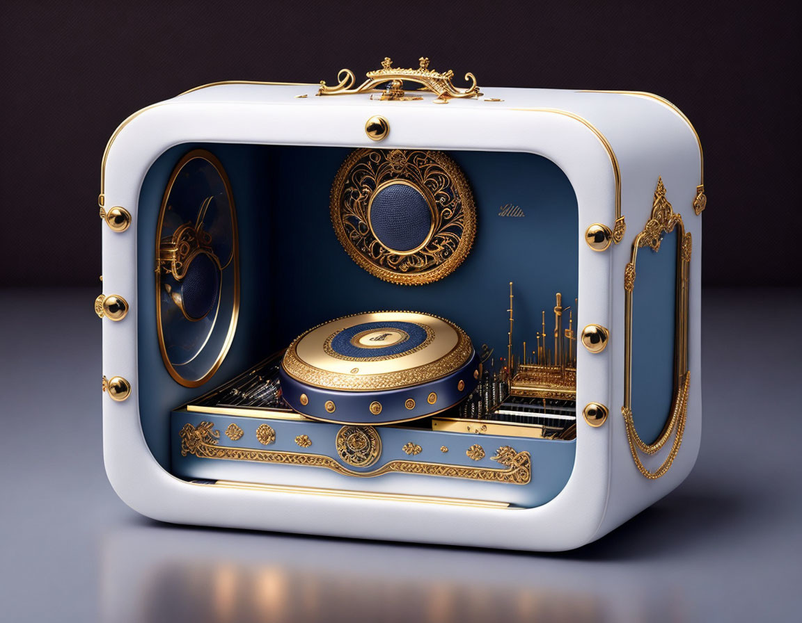 Baroque gold detailed music box on purple background