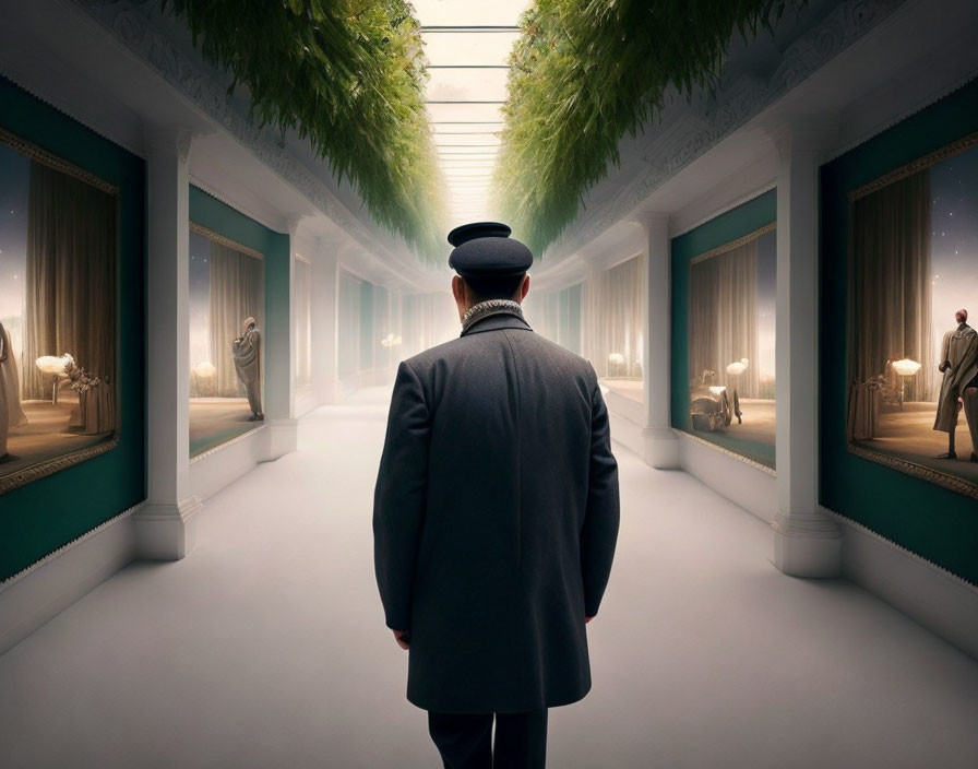 Uniformed man in surreal hallway with grass ceiling, statues, and cosmic view.