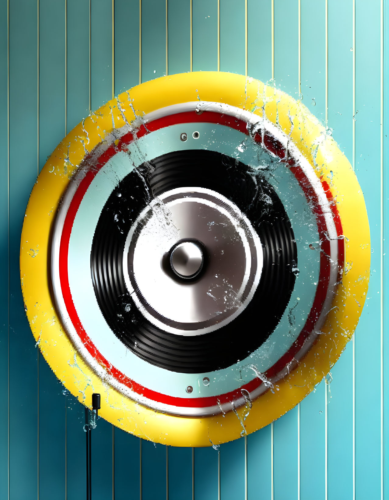 Dartboard-themed vinyl record hit by water on turquoise background