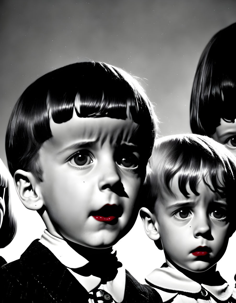 Monochrome image of three children with bowl haircuts, arranged in a staggered formation