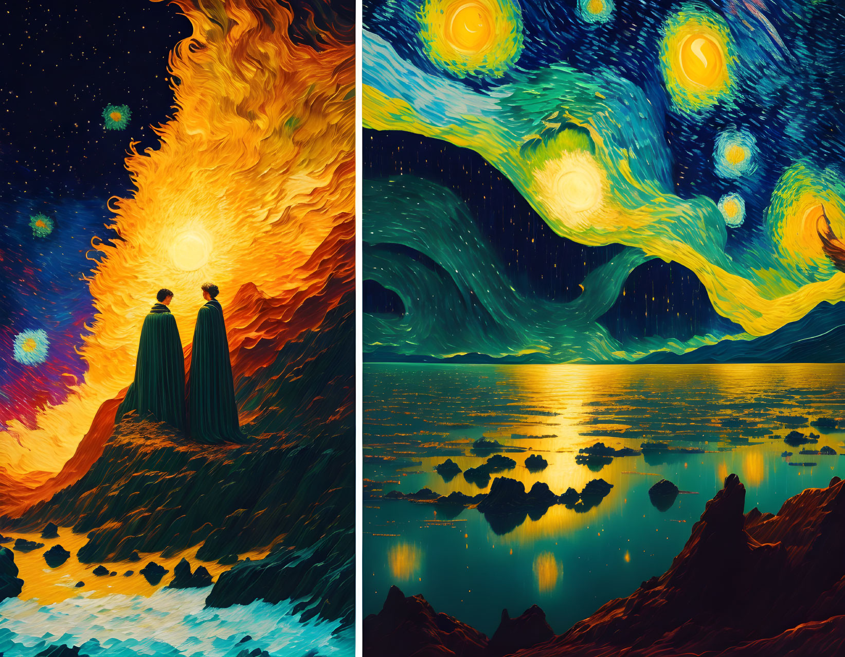 Stylized scenes: figures under swirling sky and starlit water