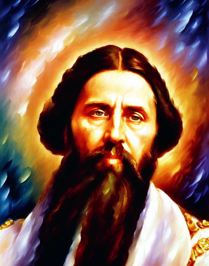 Man with Long Brown Hair and Beard in White and Gold Garments on Colorful Background