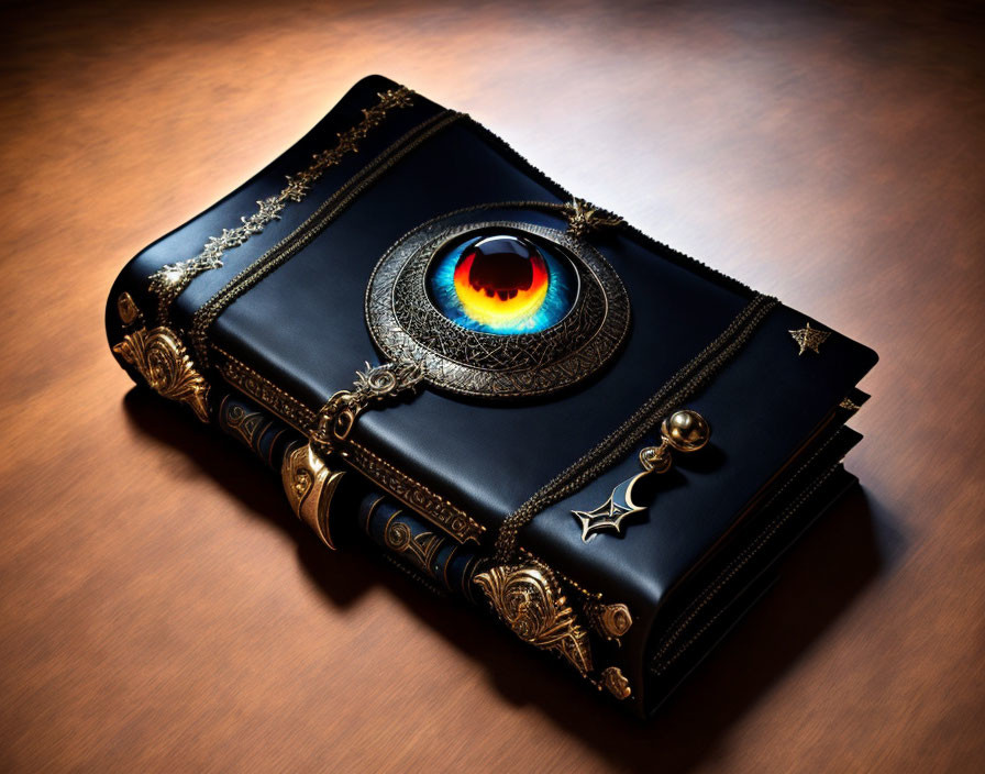 Intricate black book with metallic design and colorful eye emblem on dark wooden surface