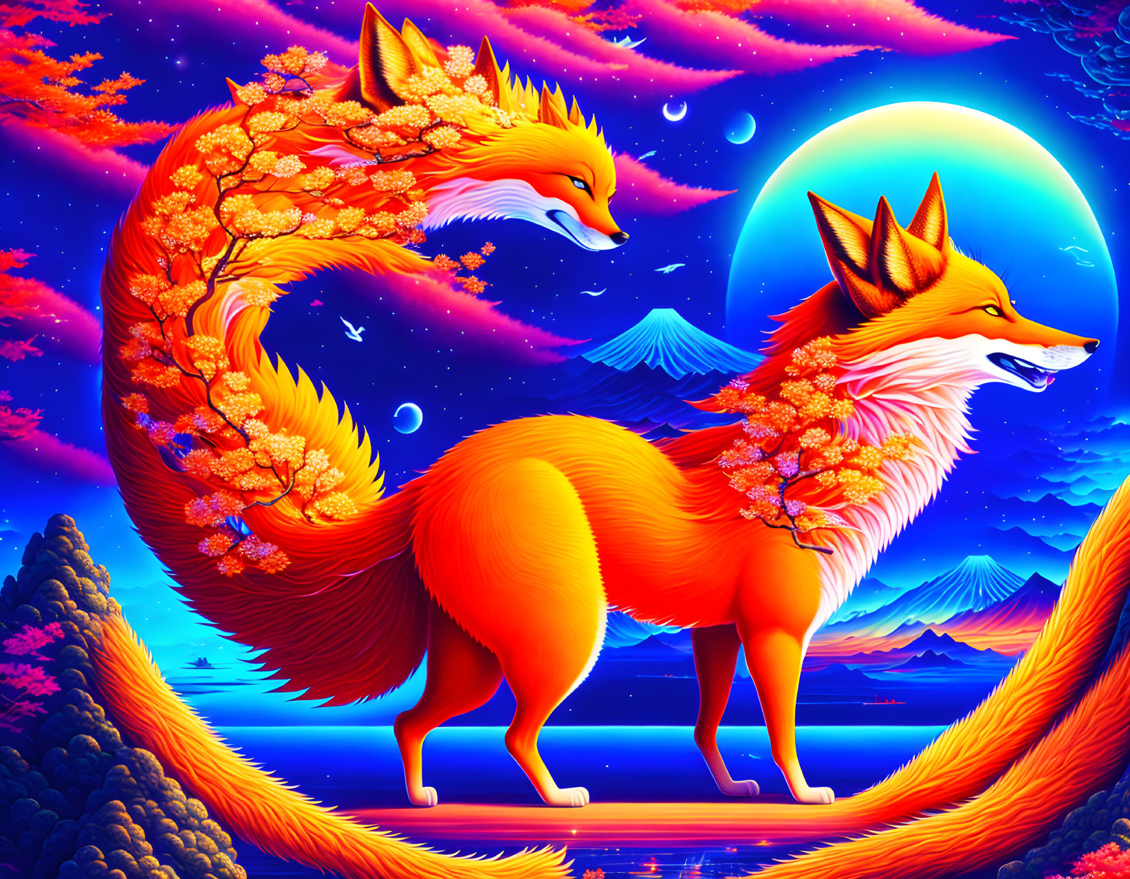 Vibrant stylized foxes with orange fur and tree-like tails in surreal mountain scene