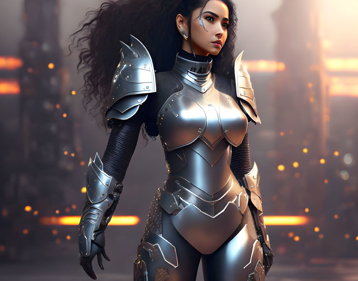 Fantasy armor-clad woman in fiery industrial setting