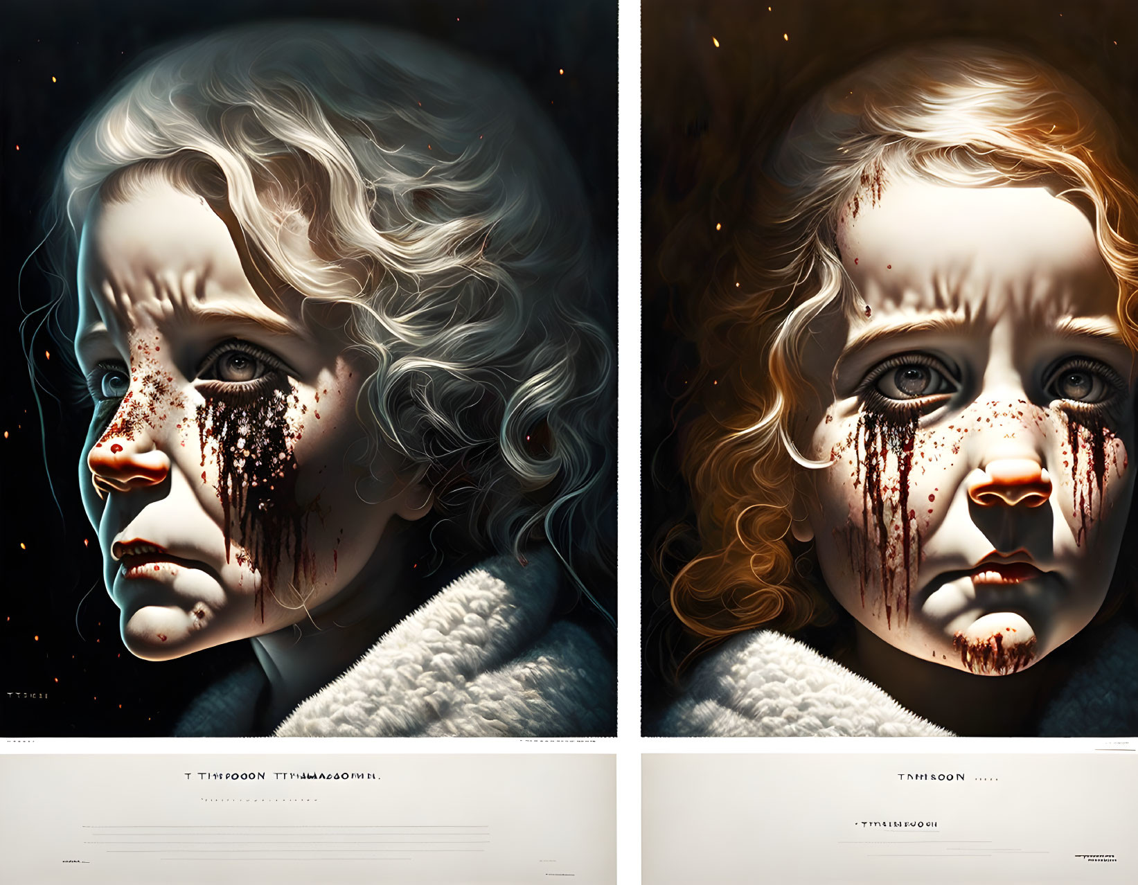 Side-by-Side Portraits: Young Child with Tears and Dark Substance on Face, Starry Background