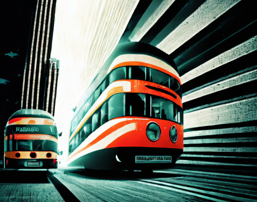 Retro-futuristic trams in abstract urban tunnel with dynamic lines