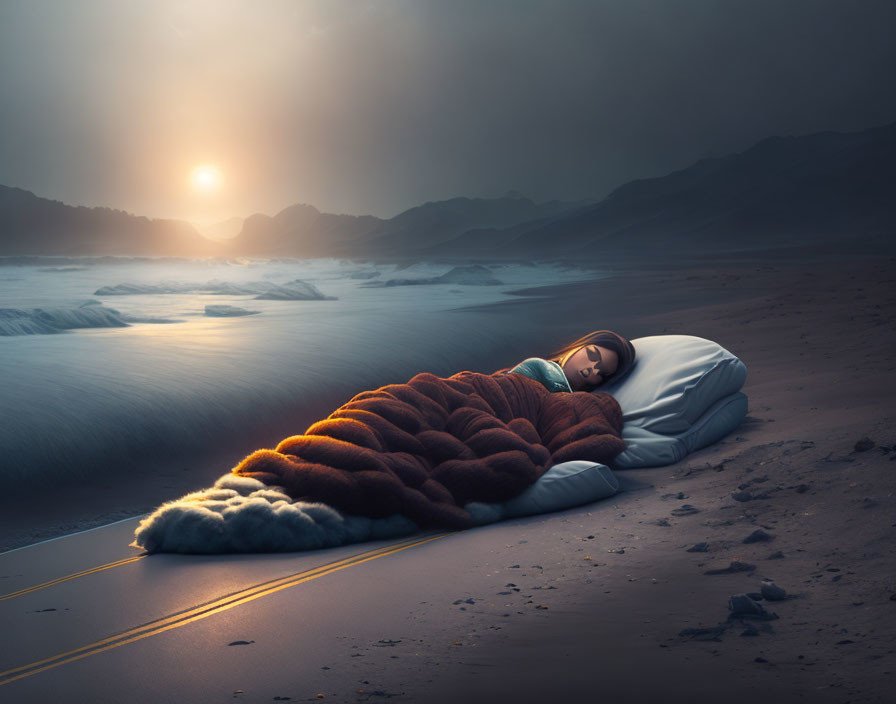 Person sleeping on cozy bed on surreal beach at sunset