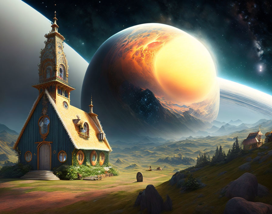 Fantasy landscape with quaint church-like house, giant planet, hills, and distant dwelling.