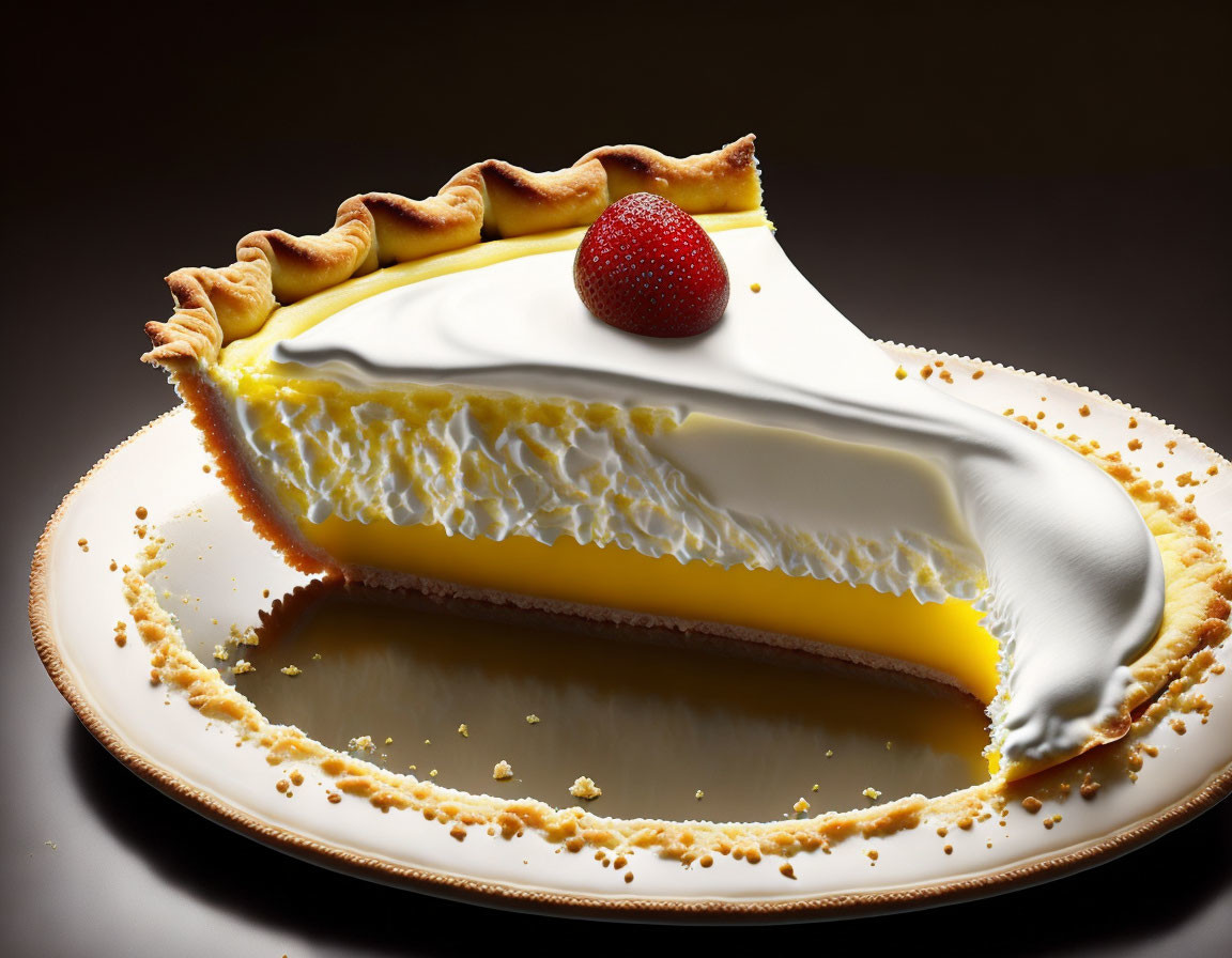 Lemon tart with creamy filling, flaky crust, strawberry garnish on white plate