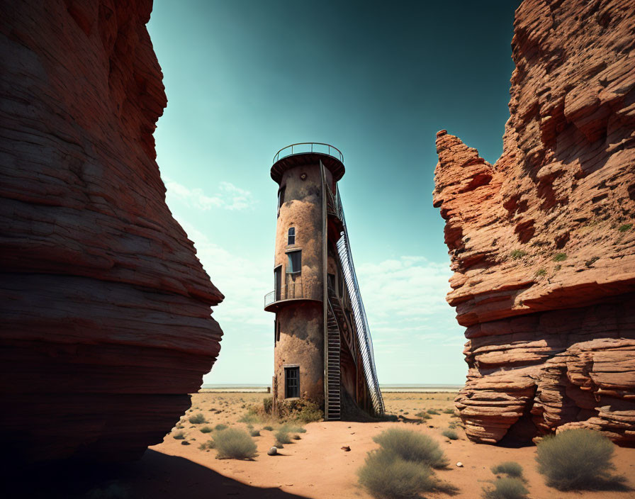 Ancient stone tower and staircase among red rock formations