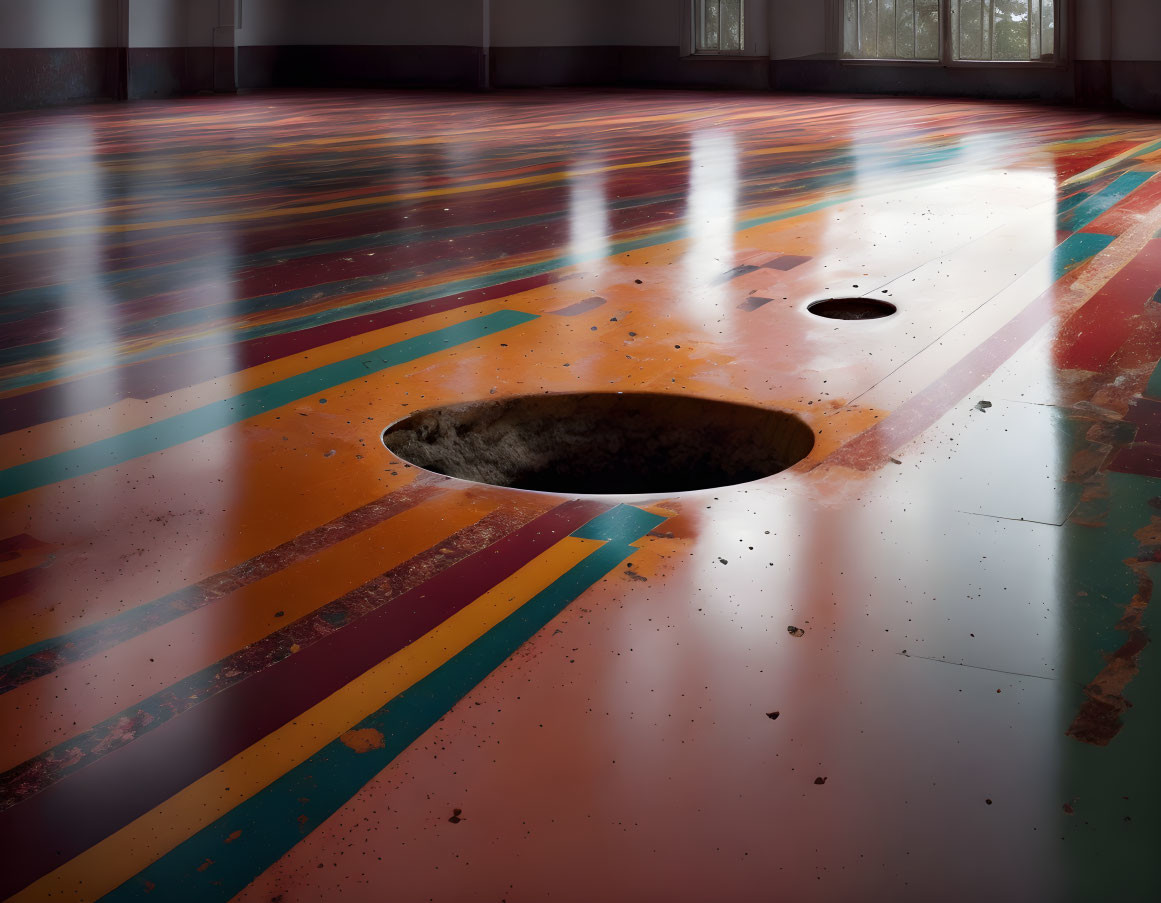 Deserted room with vivid colors and ominous holes