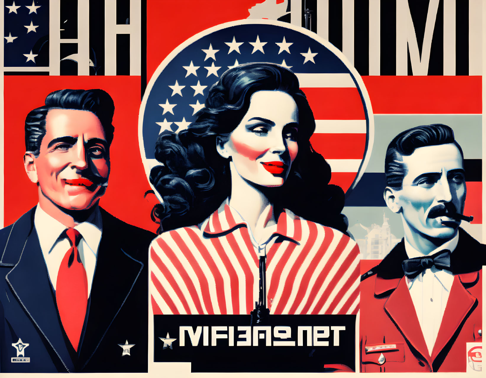 Illustrated retro propaganda poster with three characters on American flag backdrop