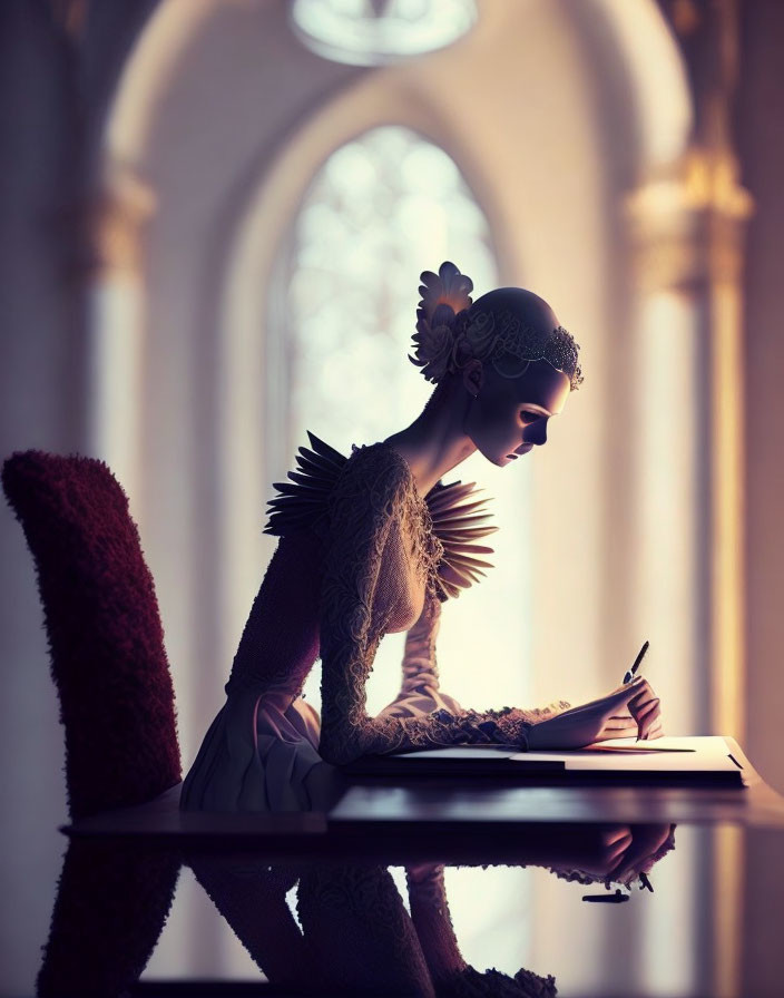 Elaborate hairstyle woman writing at table in elegant room