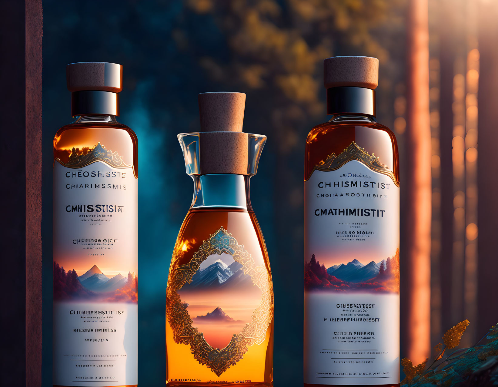 Three elegant whiskey bottles with intricate labels in warm sunset forest.