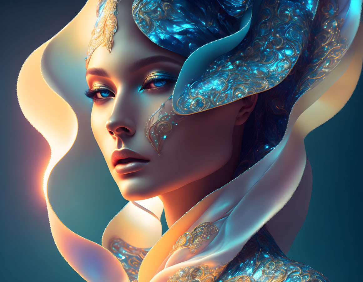 Digital artwork: Woman in ornate attire on blue gradient.