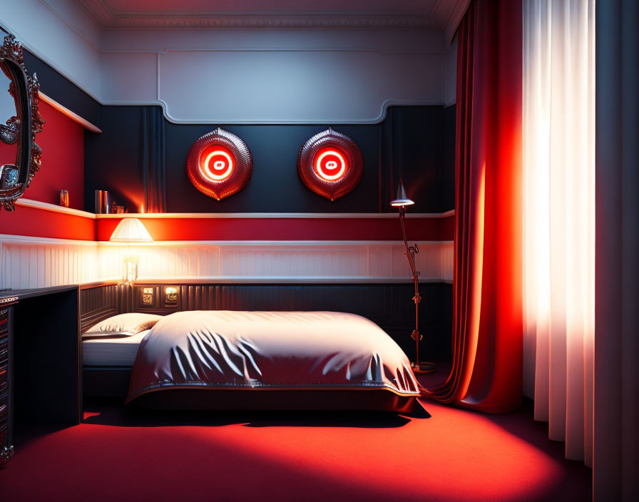 Luxurious Bedroom with Red Lighting and Elegant Wall Panels