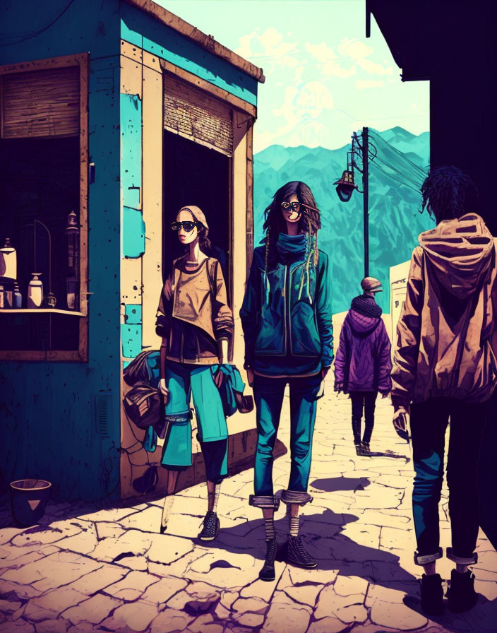 Vividly colored vintage-style illustration of people walking in a mountain town