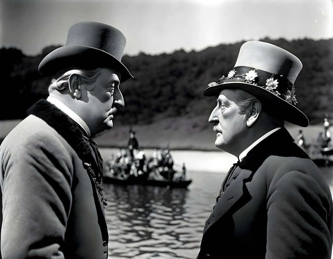 Vintage-dressed men with top hats and monocle, facing each other near a lake with people in