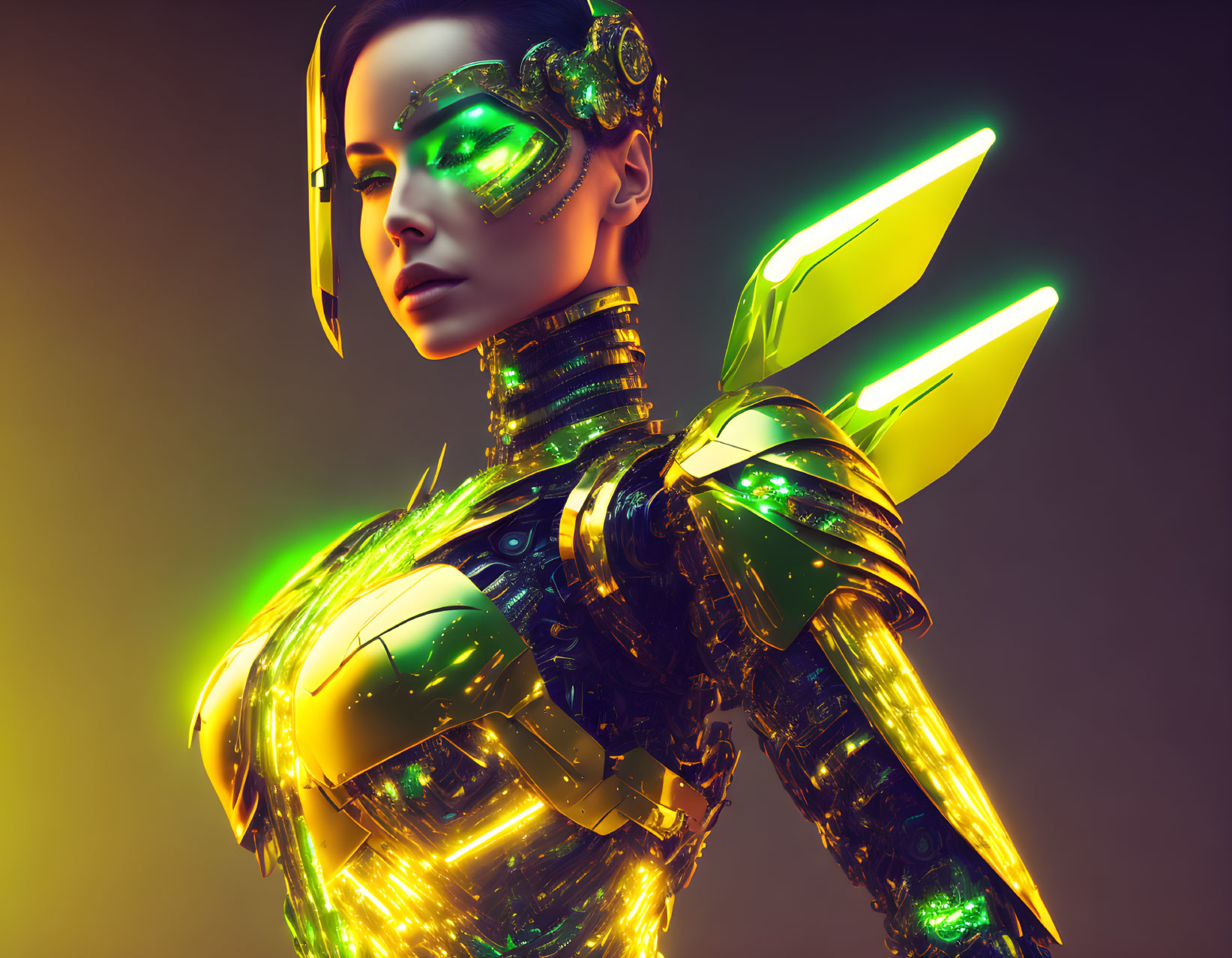 Futuristic woman with cybernetic enhancements and green glow on warm backdrop