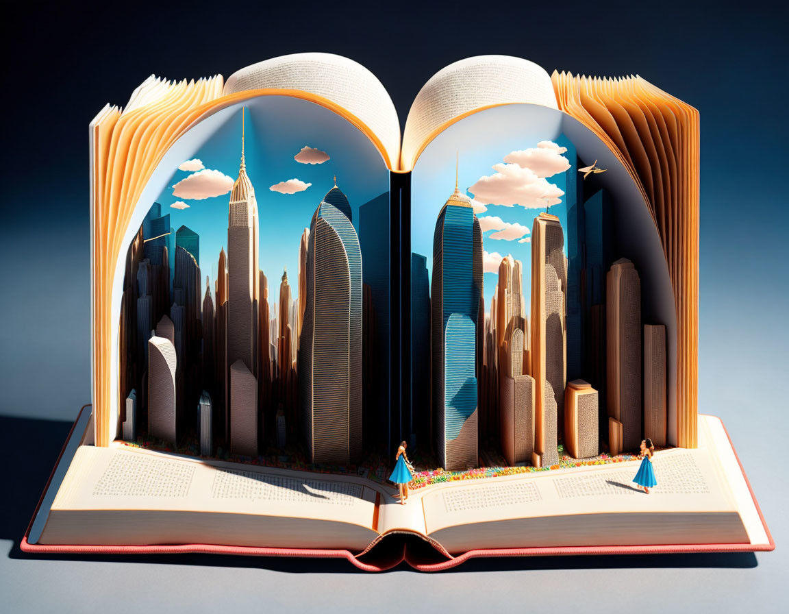 Open book with 3D cityscape and figures against blue sky