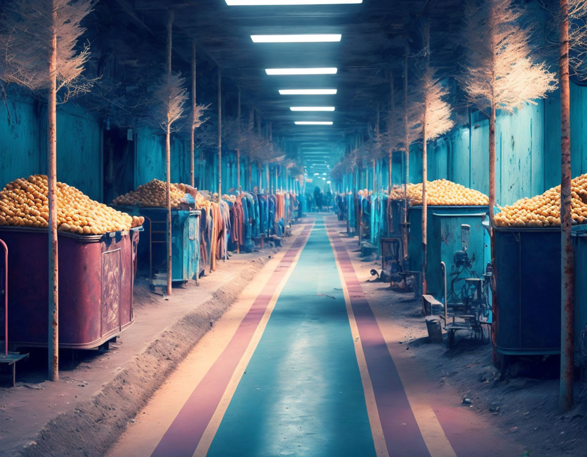 Moody corridor with blue walls, potatoes bins, laundry, and figure under lights