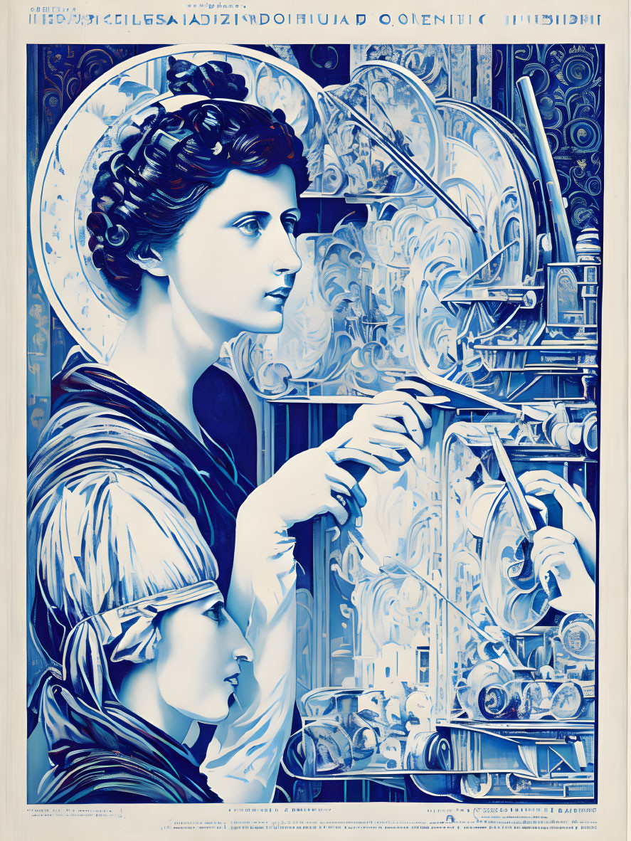 Blue and White Stylized Poster of Woman with Greek Features and Intricate Machine