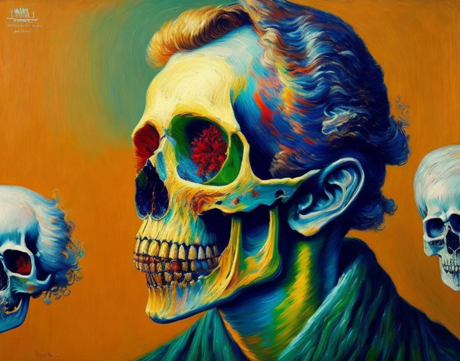 Colorful skull portrait with floating skulls on warm backdrop