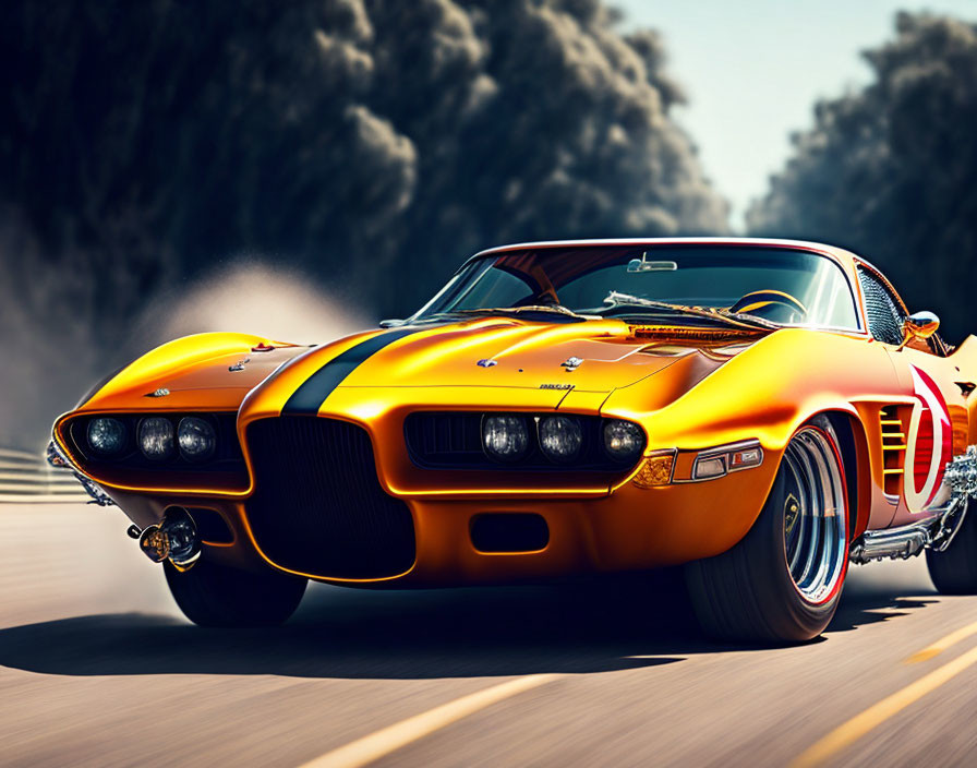 Vintage muscle car with glossy orange and black paint in motion.