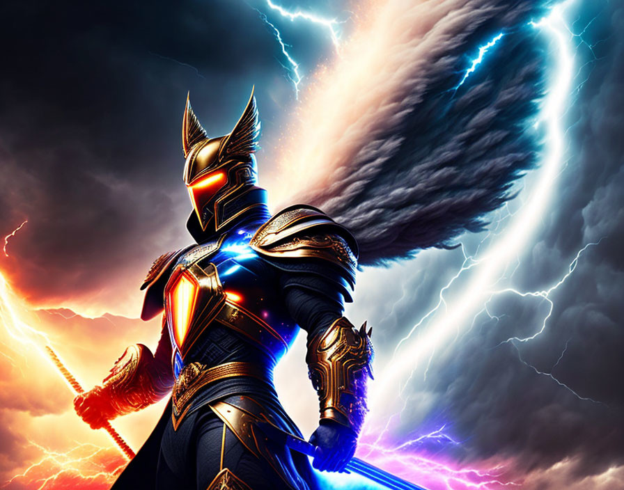 Armored superhero under dramatic sky with lightning and dark clouds