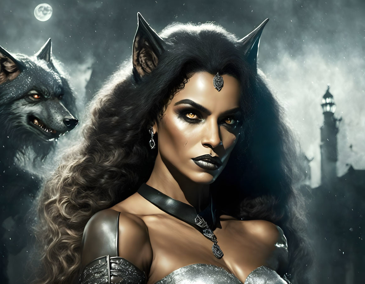 Stylized female character with feline features and dark makeup in front of wolf, moon, and