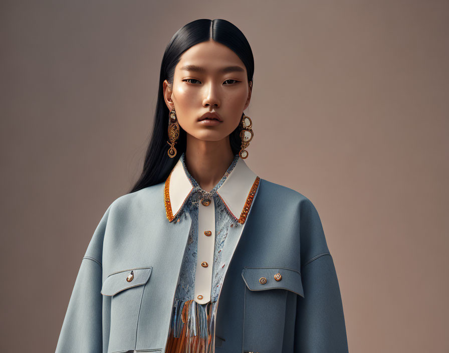 Stylish woman with black hair in blue jacket and ornate earrings