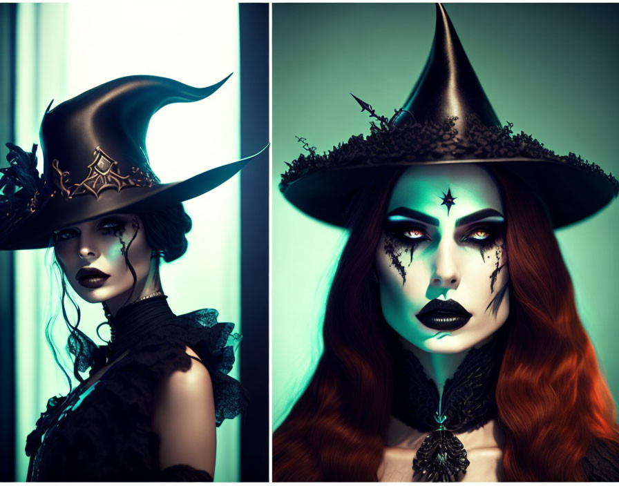 Diptych Portrait of Woman Styled as Witch with Elaborate Black Hats