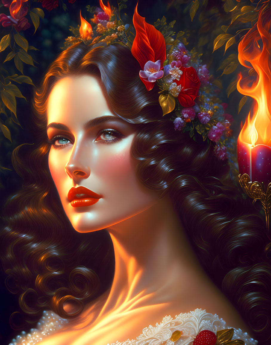 Digital portrait of woman with wavy hair, floral adornments, and candle flame in dark backdrop