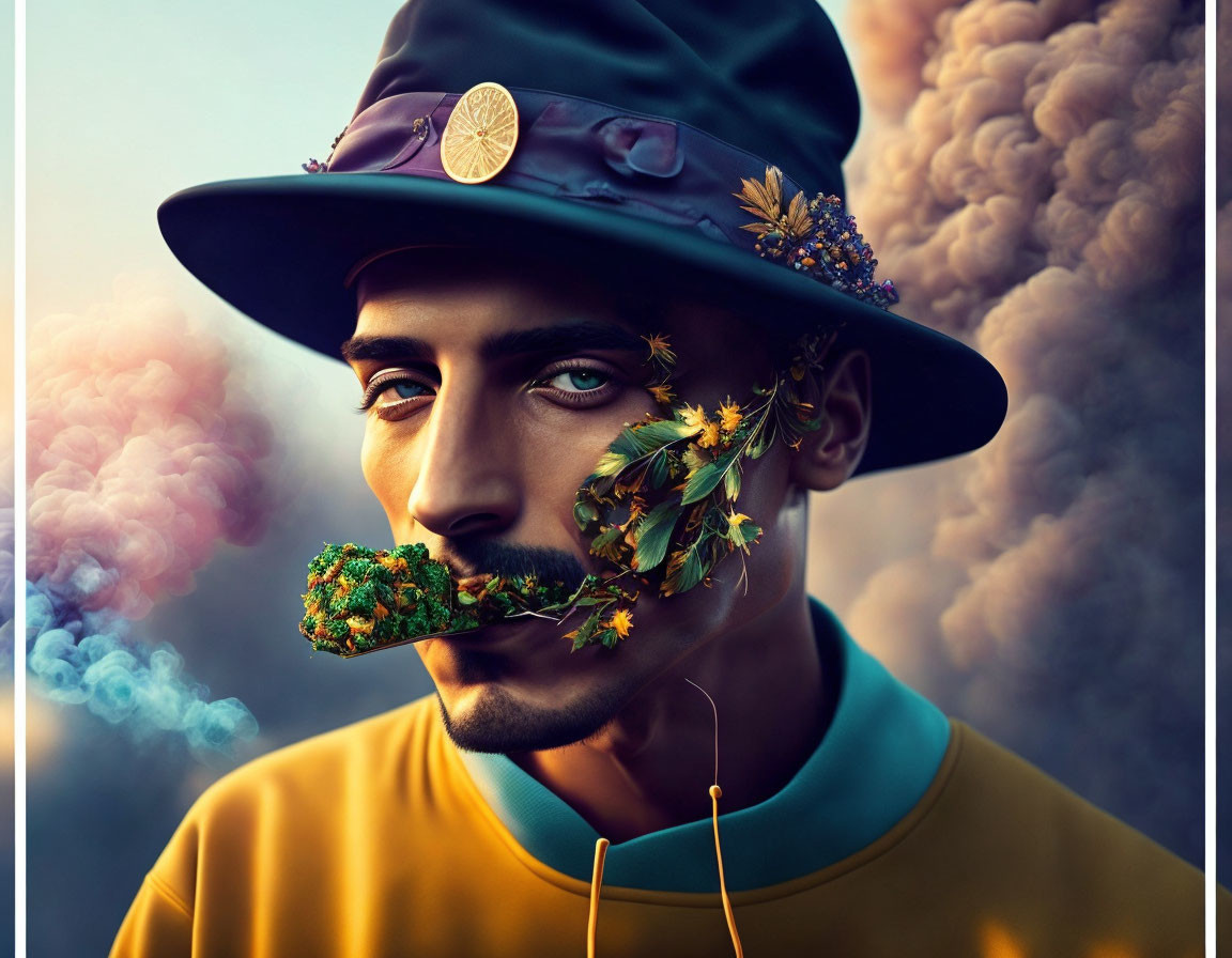 Man with Foliage Beard and Stylish Hat on Smoky Background