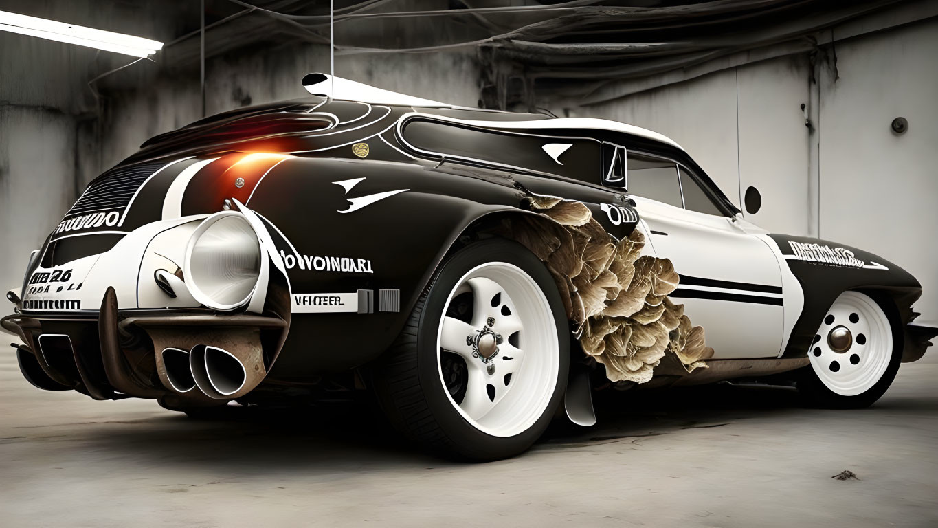 Vintage Sports Car with Black and White Livery and Flame Design parked in Garage